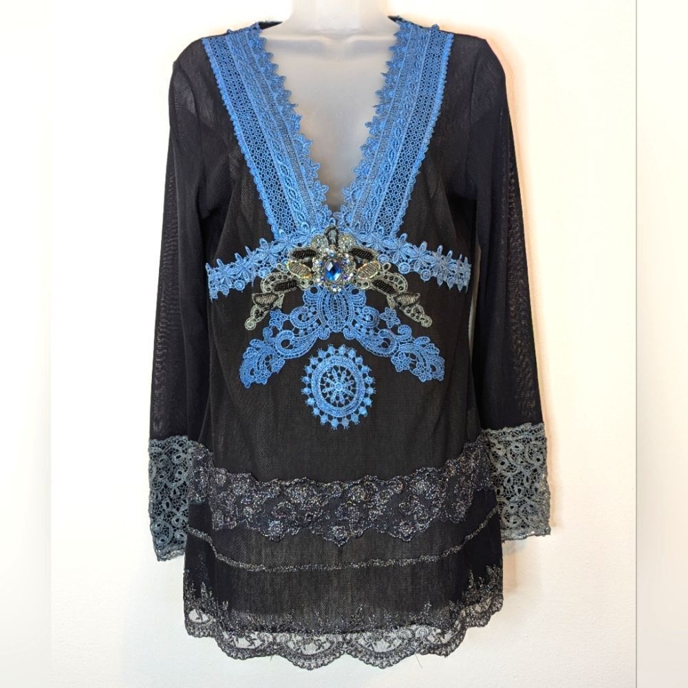 VTG 90s 80s Jeweled Lace Witchy Feminine Whimsigoth Bohemian Top MD